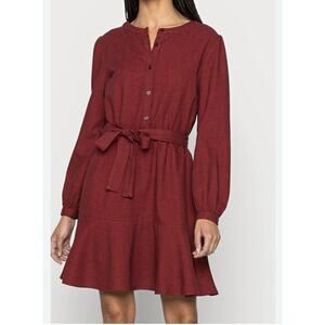 Gap Houndstooth Henley Dress Tall M Belted Button Up Drop Ruffle Hemline Red Blk